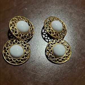 Elegant Unsigned Gold Tone and White Filigree Clip-On Earrings!